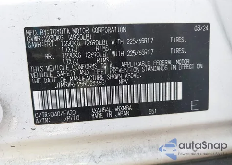 2024 Toyota Rav4 Hybrid Xle z USA, uszkodzony, nr VIN JTMRWRFV5RD233651